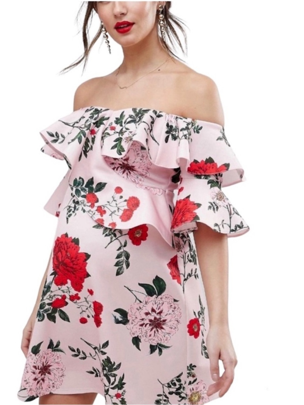 ASOS Maternity Floral Ruffle Off The Shoulder Pink Dress  Size 6